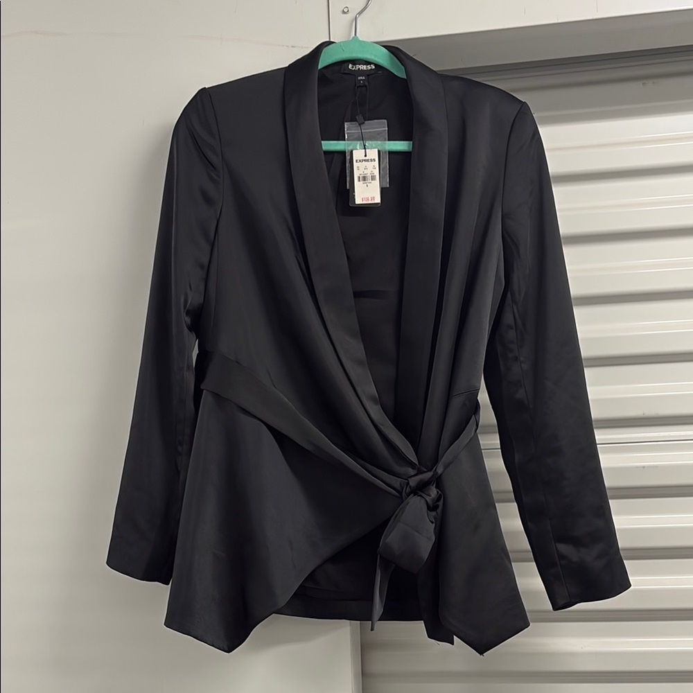 Express Satin Black Blazer with Tie Accent